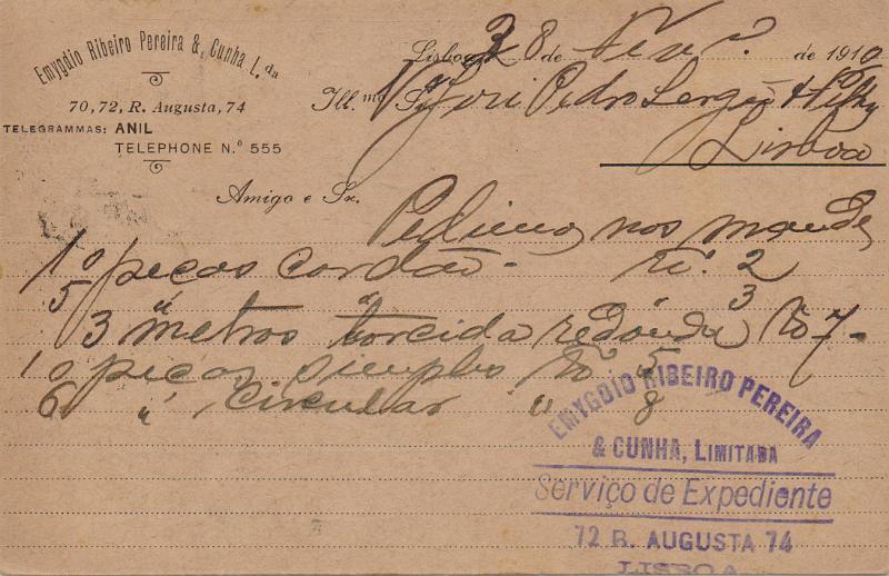 0374 f.jpg -     Lote:    374 (frente)                   Descrição:         1910 &mdash; D. Manuel II. OM48, 10 reis verde. Circulado em Lisboa (28.02.10). Repicado no verso por EMYDIO RIBEIRO PEREIRA & CUNHA, LDA.        IC       Valor Base:     &euro; 15,00     Valor Venda:     &euro;      